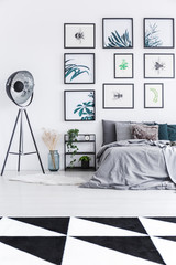 Real photo of a bed standing next to a shelf with plants and a black lamp in a bedroom interior with black and white rug and wall full of posters