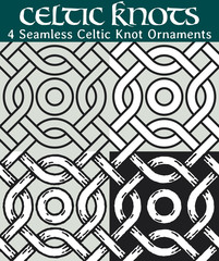 Seamless Celtic Knot Ornaments. 4 different versions of a seamless pattern with Celtic knots: with white filling, without filling, with shadows and with a black background.