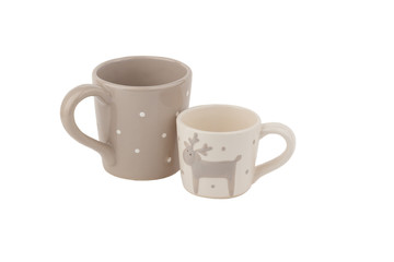 Beige ceramic cups for coffee or tea, white background
