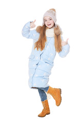 Happy little girl posing in coat  isolated