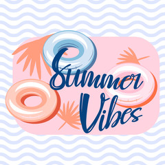 Summer vibes pool banner template design. Floating rubber rings and lettering.