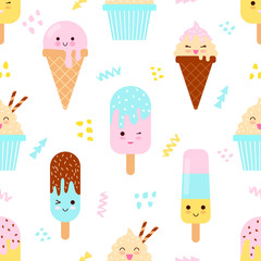 Seamless pattern. Cute ice cream characters. Funny design elements. Vector illustration.