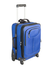 Blue travel suitcase with wheels isolated on white background.