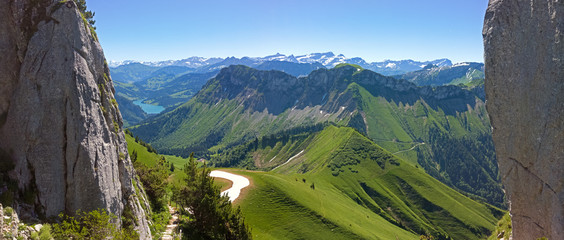 The Rochers de Naye (French, lit. "rocks of Naye"; 2,042 metres (6,699 ft)) are a mountain of the Swiss Alps, overlooking Lake Geneva near Montreux and Villeneuve, in the canton of Vaud. 