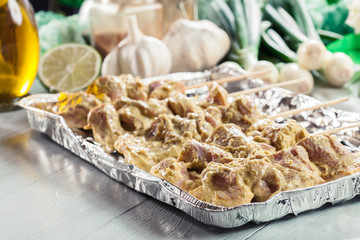 Pork satay ready for baking or grilling