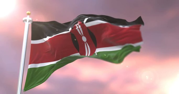 Flag of Kenya waving at wind in slow at sunset, loop