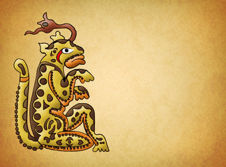 Mayan jaguar deity Balam, illustration with paper texture background. © Julio