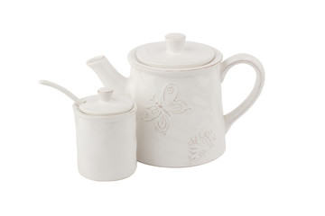 White ceramic teapot for coffee or tea and sugar bowl, white background