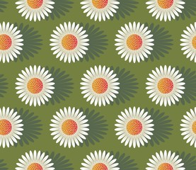 Fototapeta na wymiar seamless tile with retro style daisies in orange and green