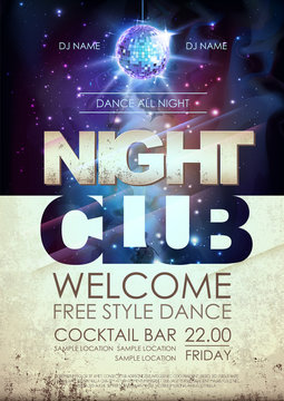 Disco ball background. Disco night club poster on open space background