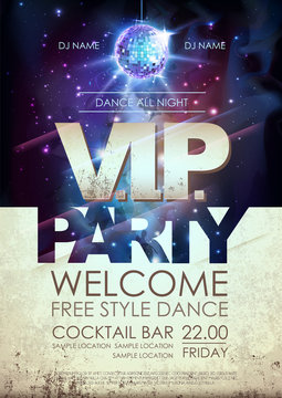 Disco ball background. Disco V.I.P. party poster on open space background