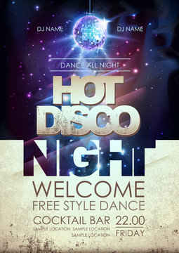 Disco ball background. Hot disco night party poster on open space background