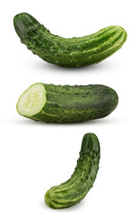 Collection fresh cucumber cut in half isolated on white background.