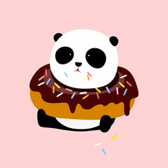 Vector Illustration: A cute cartoon giant panda is sitting on the ground, with a big chocolate doughnut / donut on his neck.