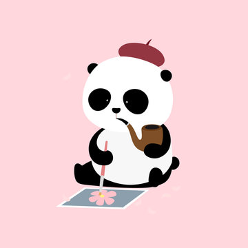Vector Illustration: Cherry Blossom Festival - A cute cartoon giant panda artist is sitting on the ground, holding a tobacco pipe and working on a Japanese sakura / oriental cherry painting.