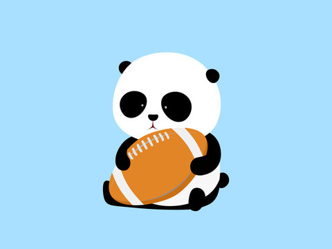 Vector Illustration. A Cute Cartoon Giant Panda Is Sitting On The Ground, Holding An American Football.