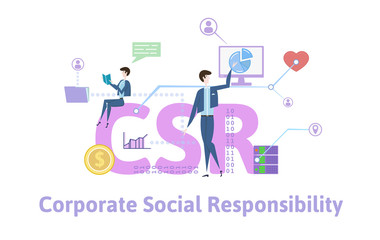 CSR, Corporate Social Responsibility. Concept with keywords, letters and icons. Colored flat vector illustration on white background.