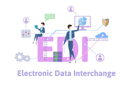 EDI, Electronic Data Interchange. Concept with keywords, letters and icons. Colored flat vector illustration on white background.