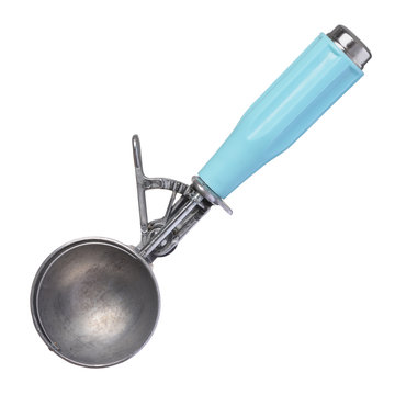 Ice cream scoop spoon with vintage blue handle isolated on white background.