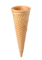 Empty blank ice cream waffle cone tilted isolated on white background