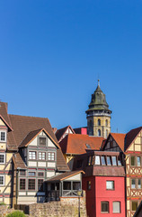 Fototapeta na wymiar Church tower and old houses in Hannoversch Munden, Germany