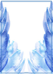 Light blue wing-like abstract brush strokes painted in watercolor surrounded by rectangular frame on clean white background. International standard A4 size paper template. 