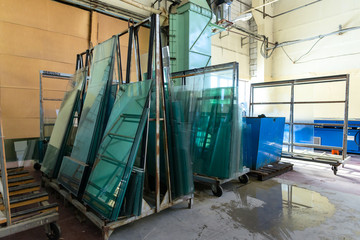 Glasses in industrial glass processing workshop