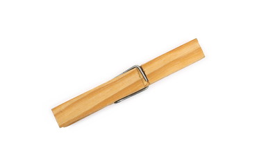 Wooden clothespin, peg isolated on white background, top view