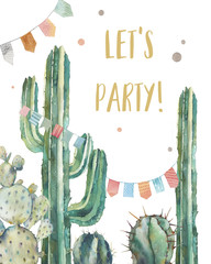Watercolor cactus party invitation card in boho chic style. Hand drawn greeting design with flag garlands and desert plants on white background. Illustration of various cacti