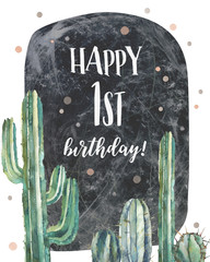 Watercolor cactus party card in retro style. Hand drawn greeting design with confetti, chalk board and desert plants on white background. Invitation with various cacti