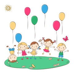 Funny doodle kids with colored balloons. Happy cartoon boys and girls. Holidays, vacations, weekends. Vector illustration