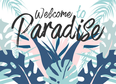 Tropical jungle summer illustration of different palm leaves and wild flowers. Summer paradise. Pastel print for advertising, brochure, banner, invitation, business, wedding, birthday, party