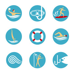 Water sports icons. 
Colorful pictograms with water sport activities on blue round background. Modern symbols for infographics or web use. Vector available.