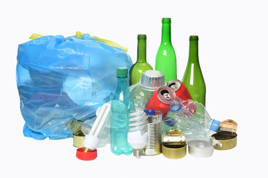 trash for recycling with, glass bottles, cans, plastic bottle and bulb