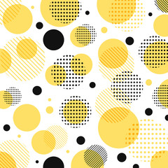 Abstract modern yellow, black dots pattern with lines diagonally on white background.