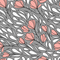 Seamless pattern with delicate flowers and leaves. Vector illustration.
