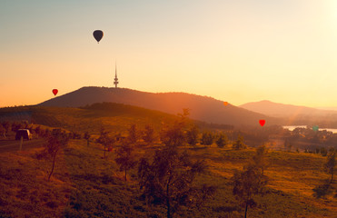 Hot air balloons launching over Canberra