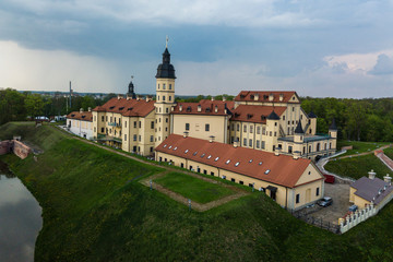 Aerial view of architectual monument, Nesvizh castle in Belarus.