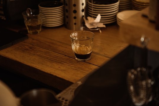 Coffee glass on wooden table