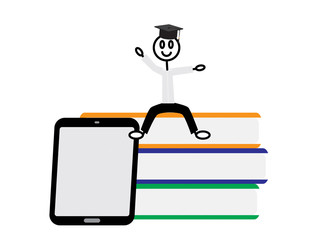 Doodle stickfigure with black graduate cap sitting on books near tablet