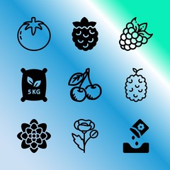 Vector icon set about gardening with 9 icons related to blooming, growing, food, meadow, sowing, ground, decor, drawn, celebration and top