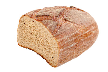 Loaf of rye bread on white background