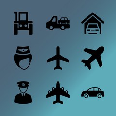 Vector icon set about transport with 9 icons related to maintenance, crew, traveler, luxury, eighteen-wheeler, atmosphere, sunset, land vehicle, flat and tire