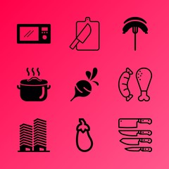 Vector icon set about kitchen with 9 icons related to spicy, meal, outdoors, child, chopping, city, material, stainless, steel and beautiful