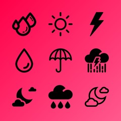 Vector icon set about weather with 9 icons related to aqua, plant, season, clear, shower, summer, macro, style, power and waterfall