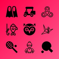 Vector icon set about hobby with 9 icons related to rifle, mechanism, swim, summer, traditional, landscape, sunset, hunter, firearm and cool