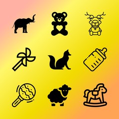 Vector icon set about baby with 9 icons related to monkey, liquid, colorful, celebration, wilderness, one, icon, shirt, cat and bear