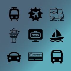 Vector icon set about transport with 9 icons related to baggage, shipping, traveler, journey, wing, wheel, background, window, flashing and scooter