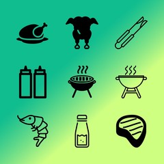 Vector icon set about barbecue with 9 icons related to splash, tongs, spice, braai, dressing, mayo, people , portion, snack and glowing