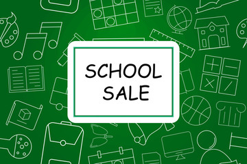 School sale banner with line icon on blackboard. Design template for banner, poster. Vector illustration